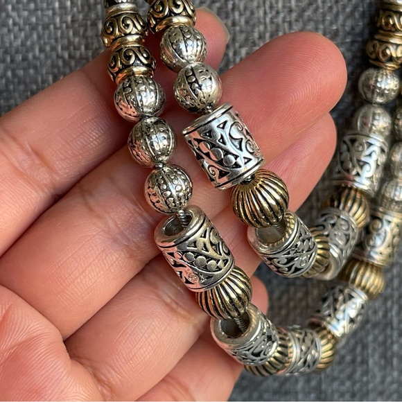 Textured Silver Gold Tube Round Beads Two-Strand Silver Snake Chain Necklace - Picture 3 of 9